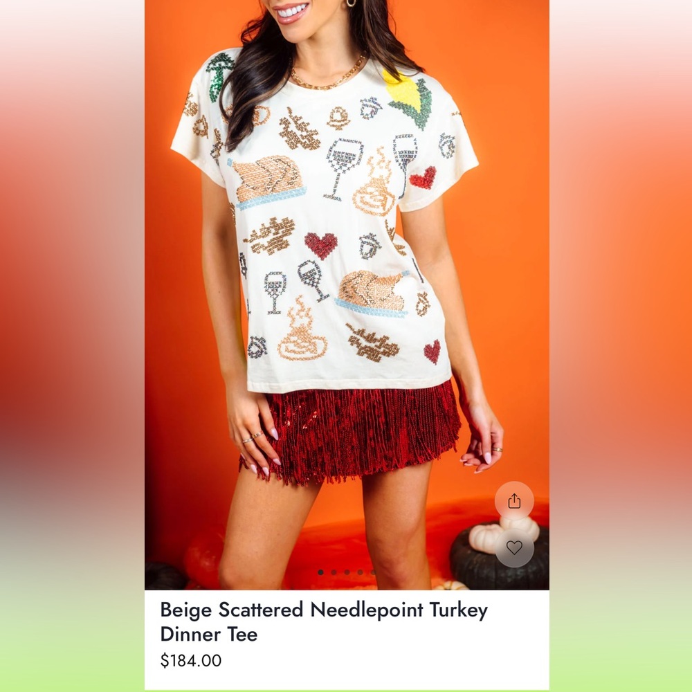 NWT! QUEEN OF SPARKLES Beige Scattered Needlepoint Turkey Dinner Tee - Picture 13 of 13